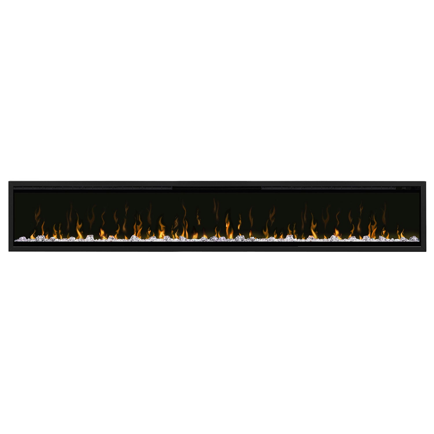 Black metal fireplace trim with viewing window and visible flame effect