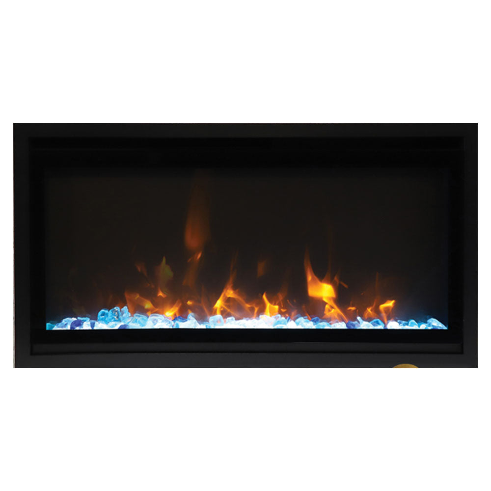 Slim black electric fireplace with orange flames and blue embers in viewing window