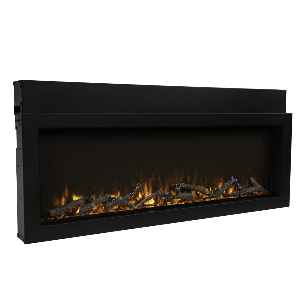 Black slim electric fireplace, angled view, with glowing logs and embers