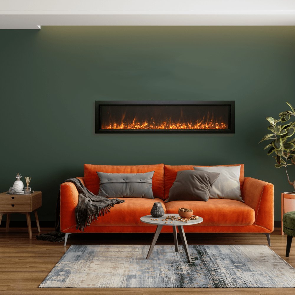 Wall-mounted slim electric fireplace with orange flame display behind glass trim
