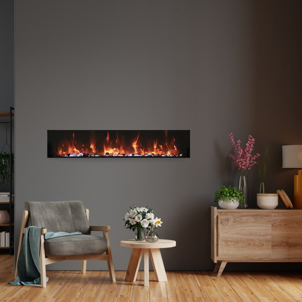 Wall-mounted slim electric fireplace with orange flames glowing behind glass