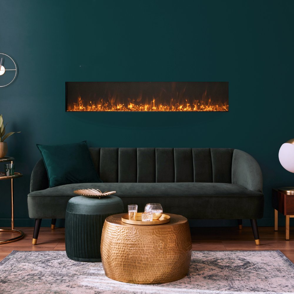 Slim wall-mounted electric fireplace with orange flames glowing behind glass