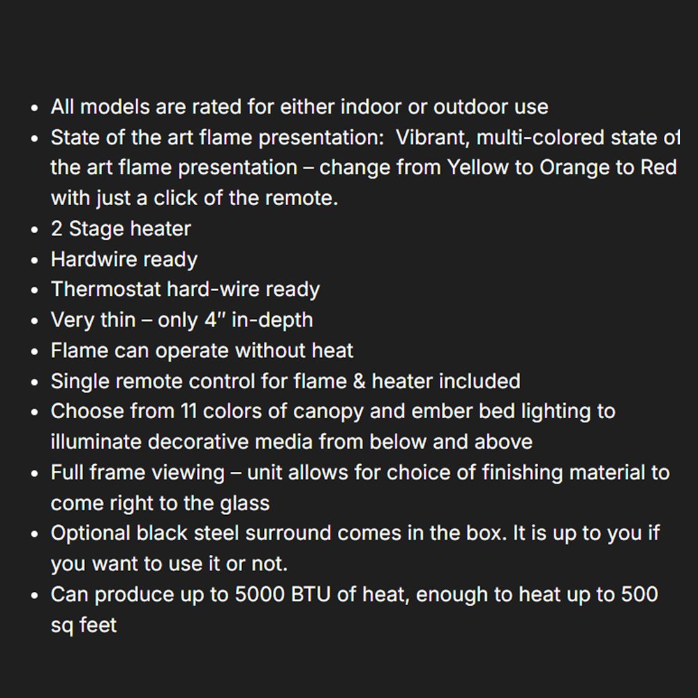 Dark specification card listing electric fireplace features, heat stages, and lighting colors