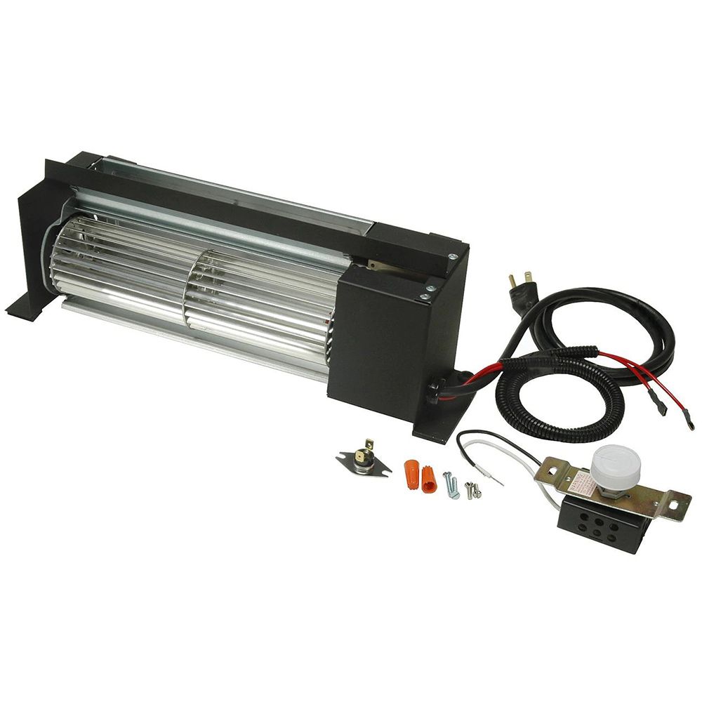 Temperature-sensing fan kit with black housing, wiring, and speed controller parts