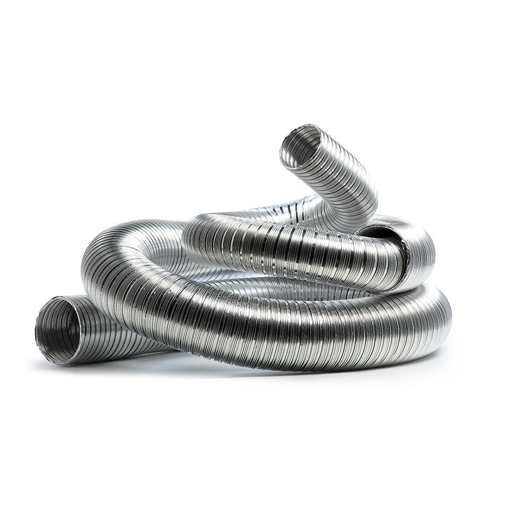 Flexible chimney stove pipe kit with ribbed silver duct, coiled and extended
