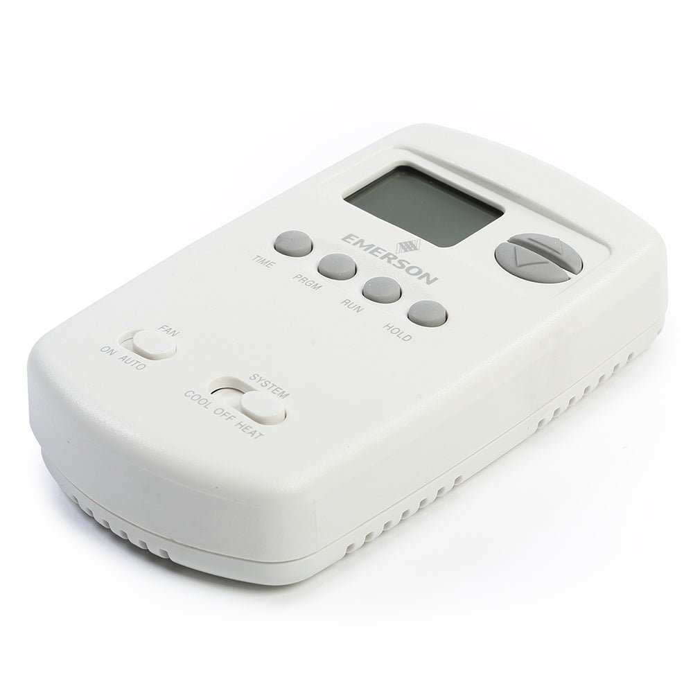 White programmable digital thermostat with LCD screen, dial, and buttons