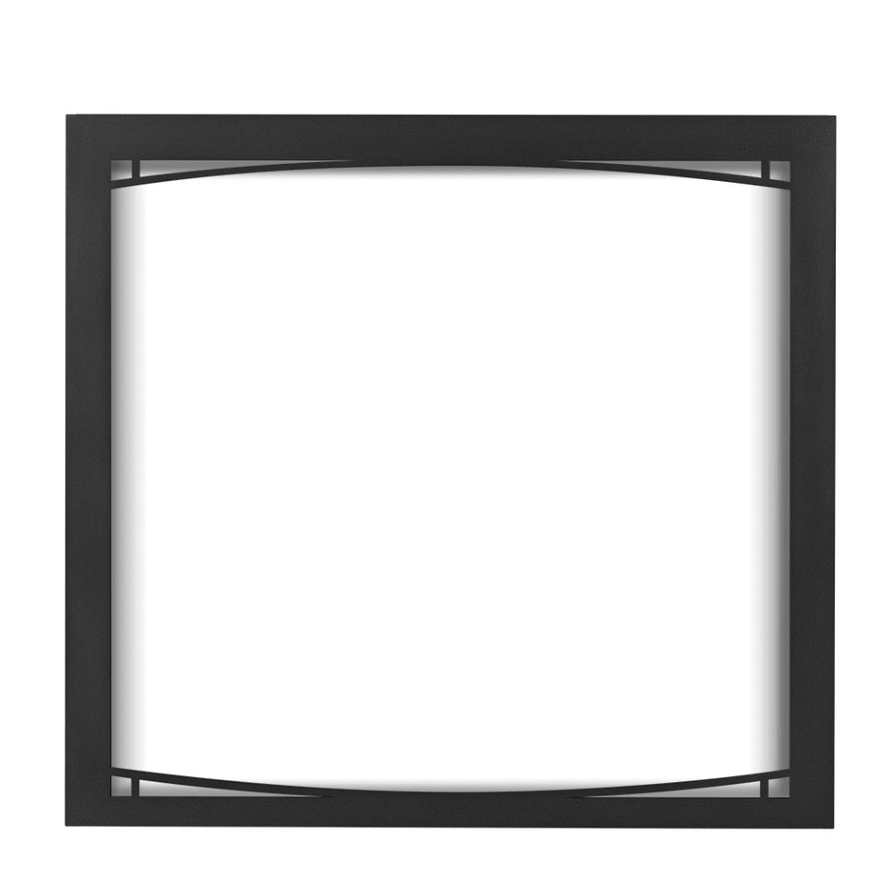 Square fireplace front with arched metal frame and curved top and bottom bars