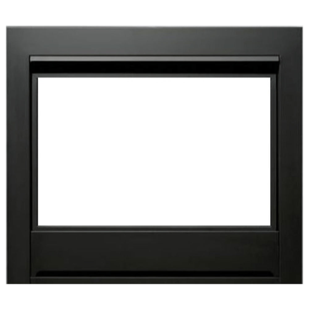 Black flush-mounted fireplace hearth mount surround with rectangular opening and trim