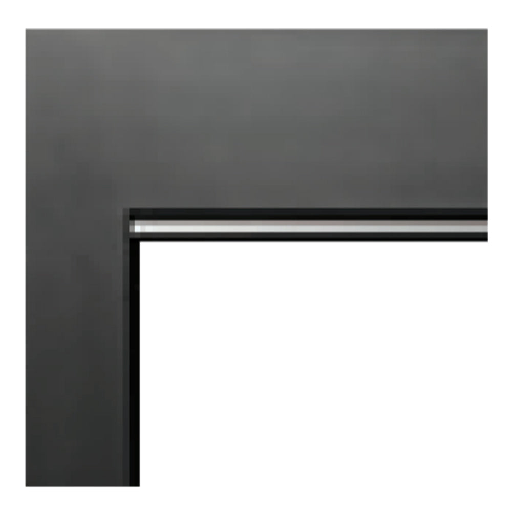 Black wall surround trim for flush-installed direct vent gas fireplace, rectangular frame.