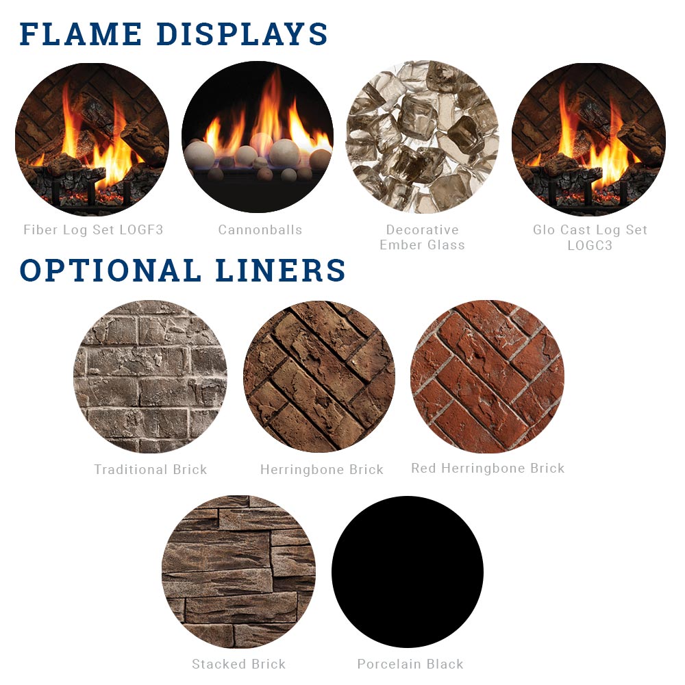 Gas fireplace flame display and optional liner selection circles