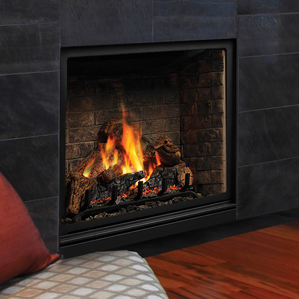 Direct vent gas fireplace with black surround, glowing logs and embers behind glass