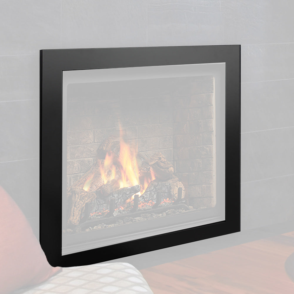 Kingsman black hearth mount surround with rectangular glass firebox window and flame