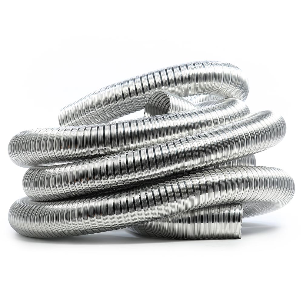 Flexible chimney stove pipe coil with metallic silver corrugated spiral.