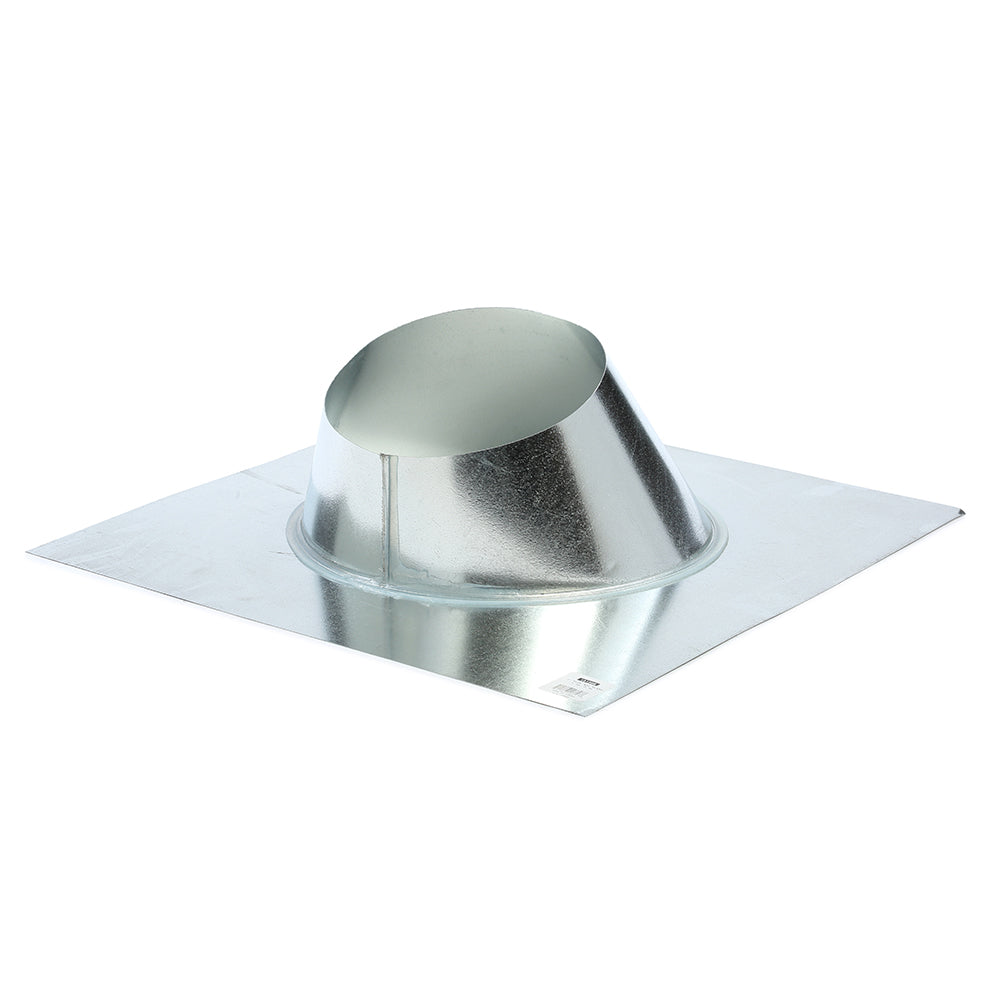 Metal roof flashing with storm collar and round vent opening, square base