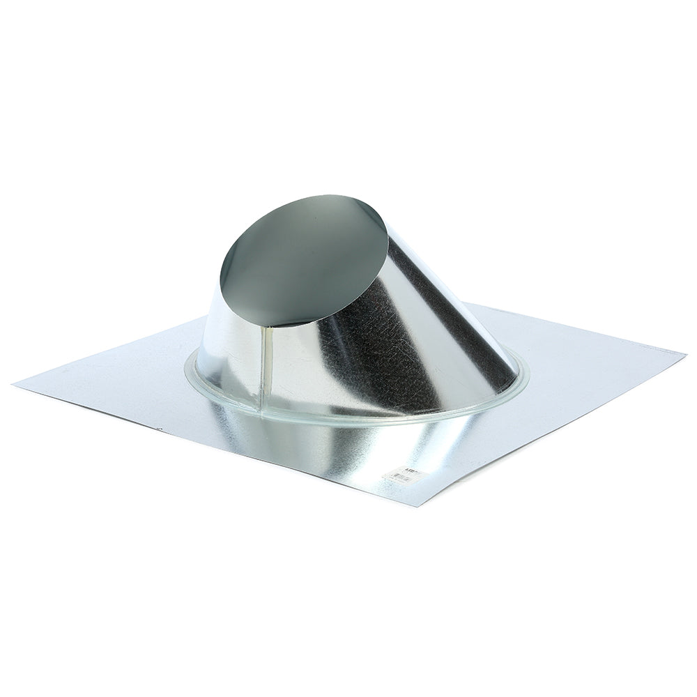 Metal roof flashing with storm collar, round neck and flat square base, silver
