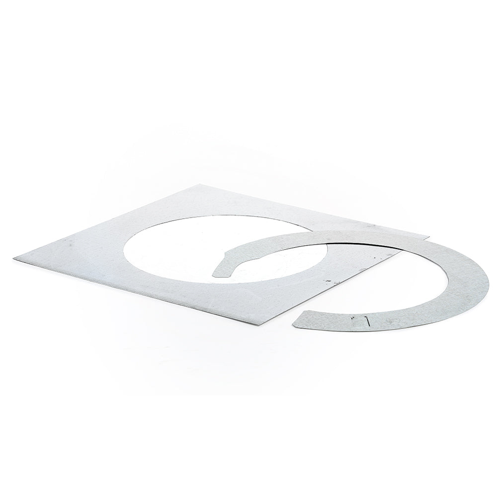 Metal storm collar flashing with round and oval cutouts, for vertical vent pipes