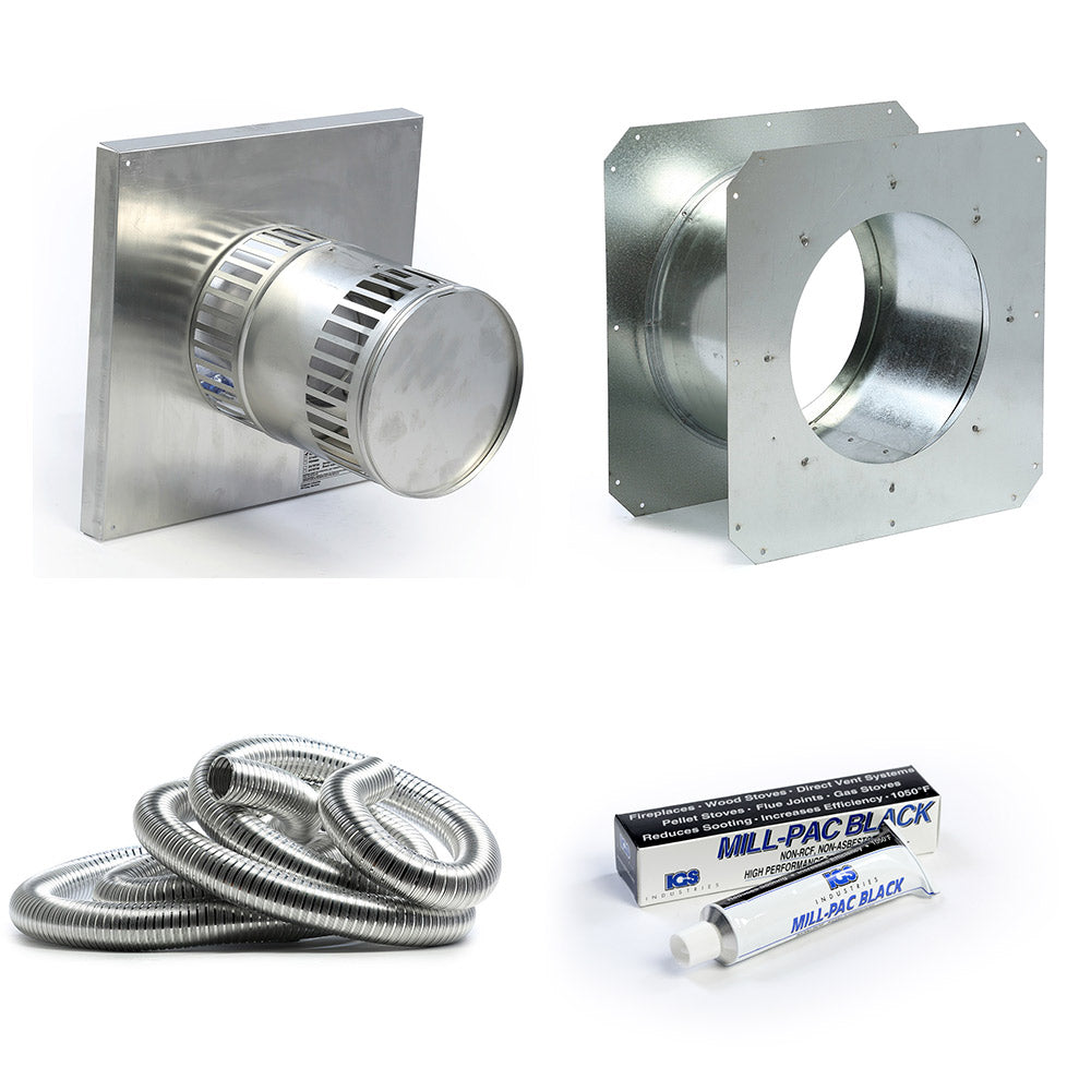 Metal chimney vent termination starter kit with flex pipe coil and vent collars