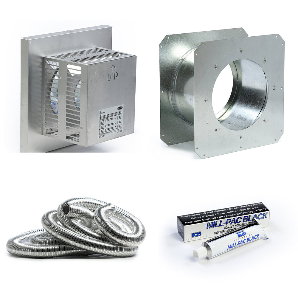 Chimney vent termination starter kit with flex pipe, square metal vent parts and sealant