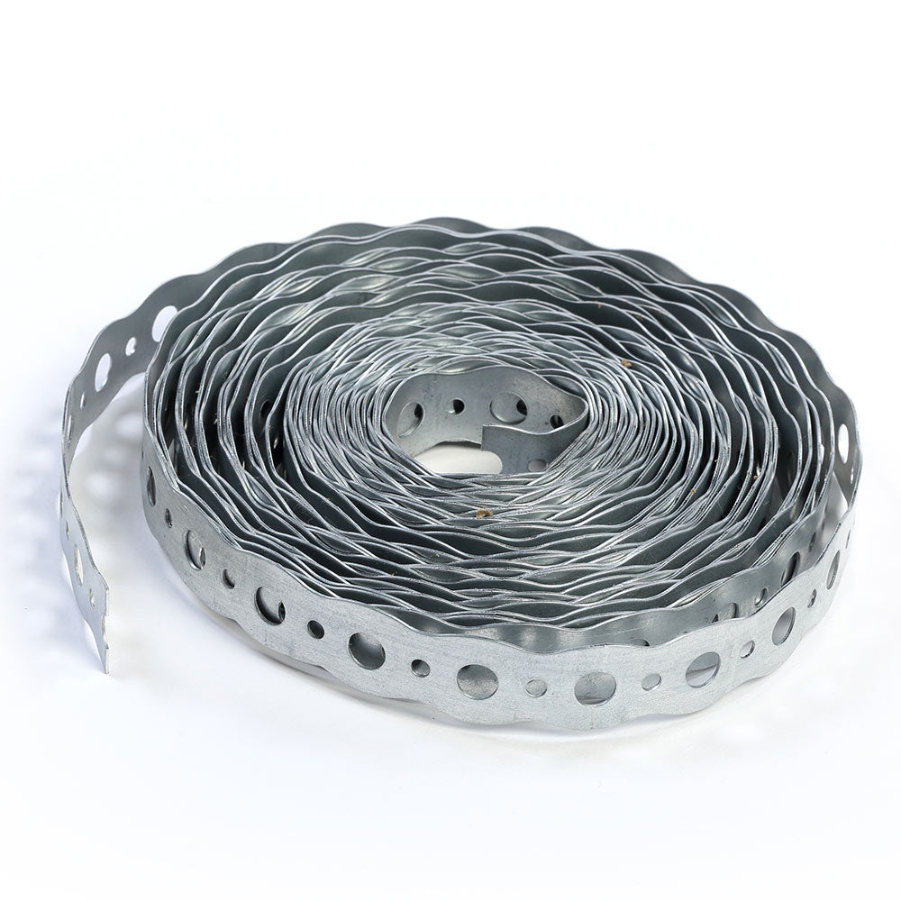 Metal chimney vent offset support coil strip with evenly spaced holes