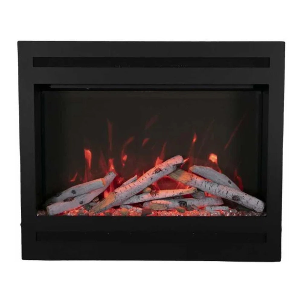 Black electric fireplace with 6-piece log set and red flames behind glass