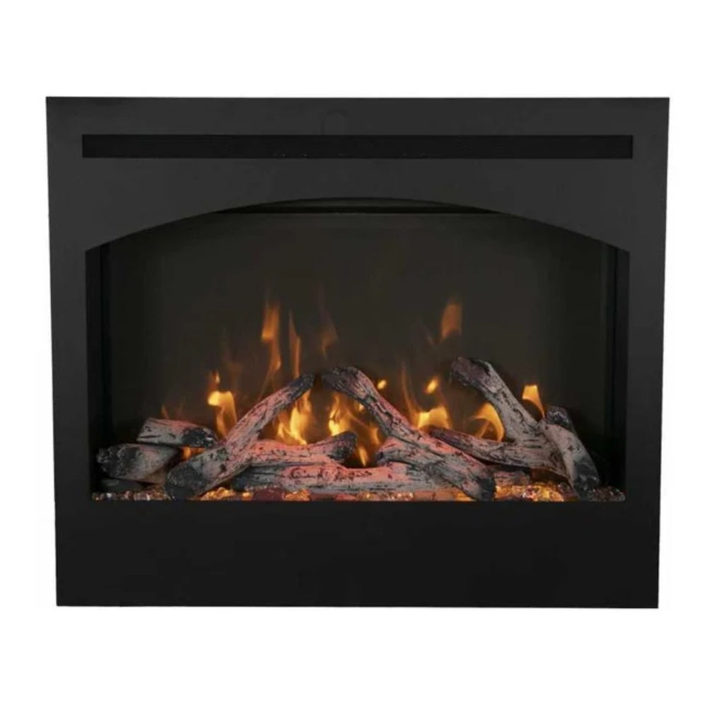 Black electric fireplace with glowing orange flames and charred log set behind glass