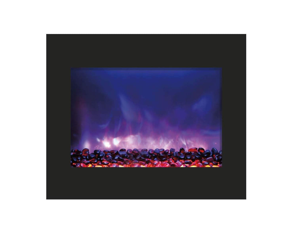 Black built-in electric fireplace surround with purple-blue flame and glowing ember bed