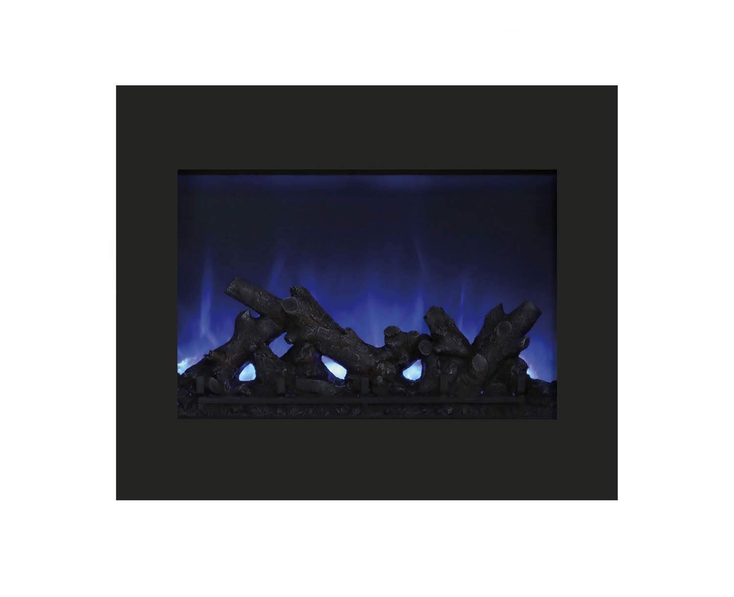 Black built-in electric fireplace surround showing blue flames over dark log set