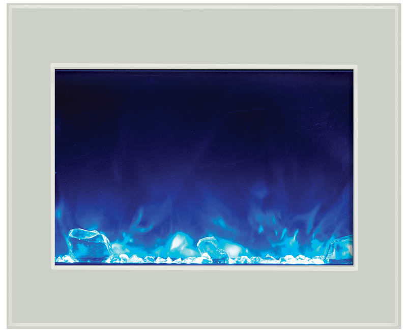 Built-in electric fireplace insert with blue flames and glowing embers in white wall frame