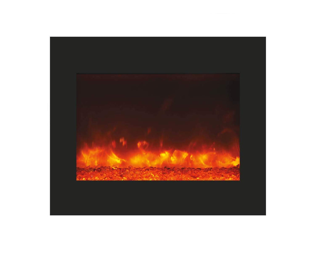 Black built-in electric fireplace surround with low orange flames over glowing embers