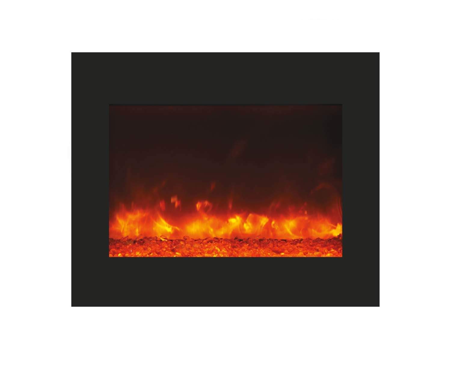 Black built-in electric fireplace surround with low orange flames over glowing embers