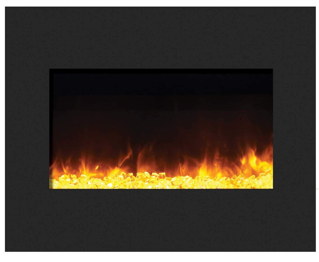 Black built-in electric fireplace surround with bright orange flame and yellow ember bed