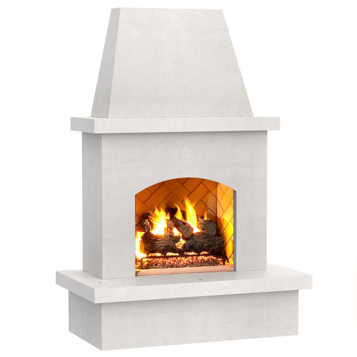 Outdoor gas fireplace with masonry surround and glass front, burning log set