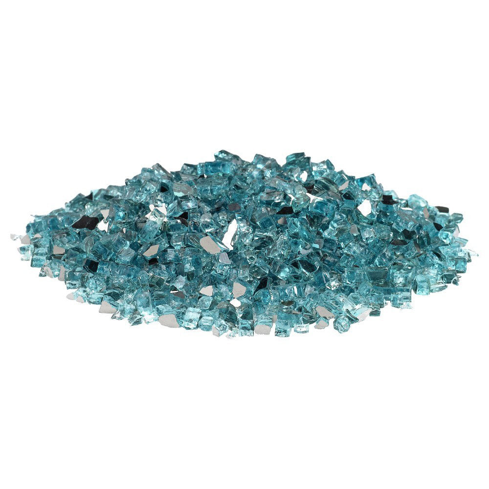 Teal-blue reflective fire glass shards in a long, flat pile