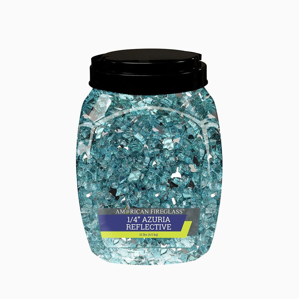 Jar of teal-blue reflective fire glass with a black lid