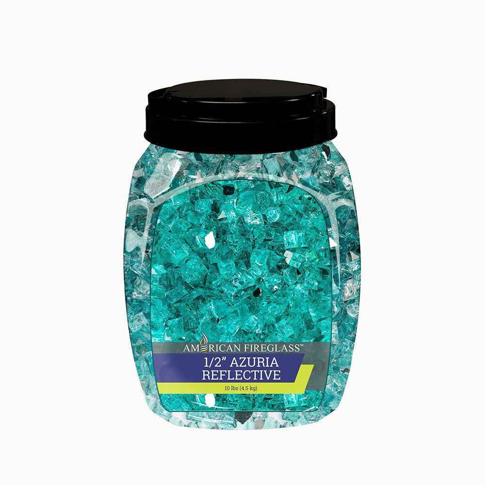 Azuria reflective blue fire glass jar with black lid, 10 lb (1/2-inch pieces)