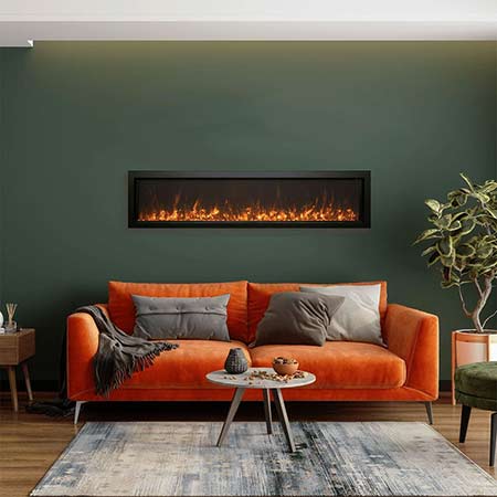 Slim built-in electric fireplace with black surround and glowing flame display