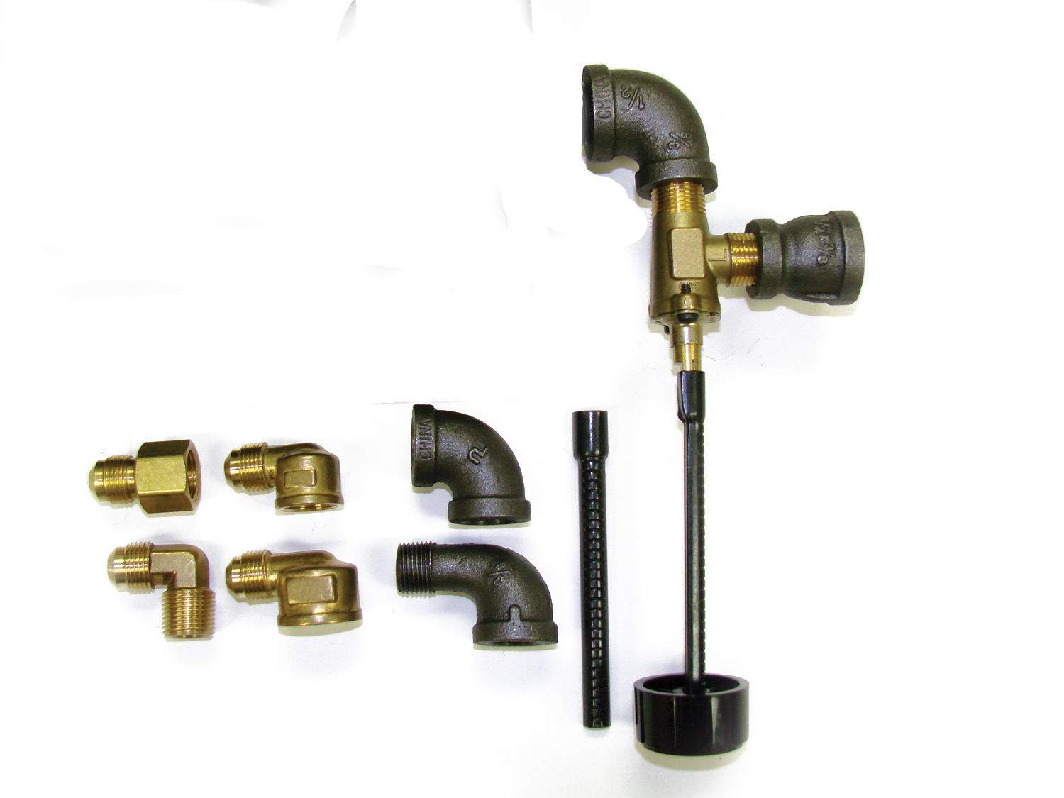 Fire manual valve kit with brass fittings, black elbows, and two metal extensions