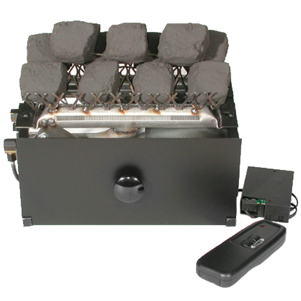 Ventless fireplace burner assembly with coal-look pieces and handheld remote control