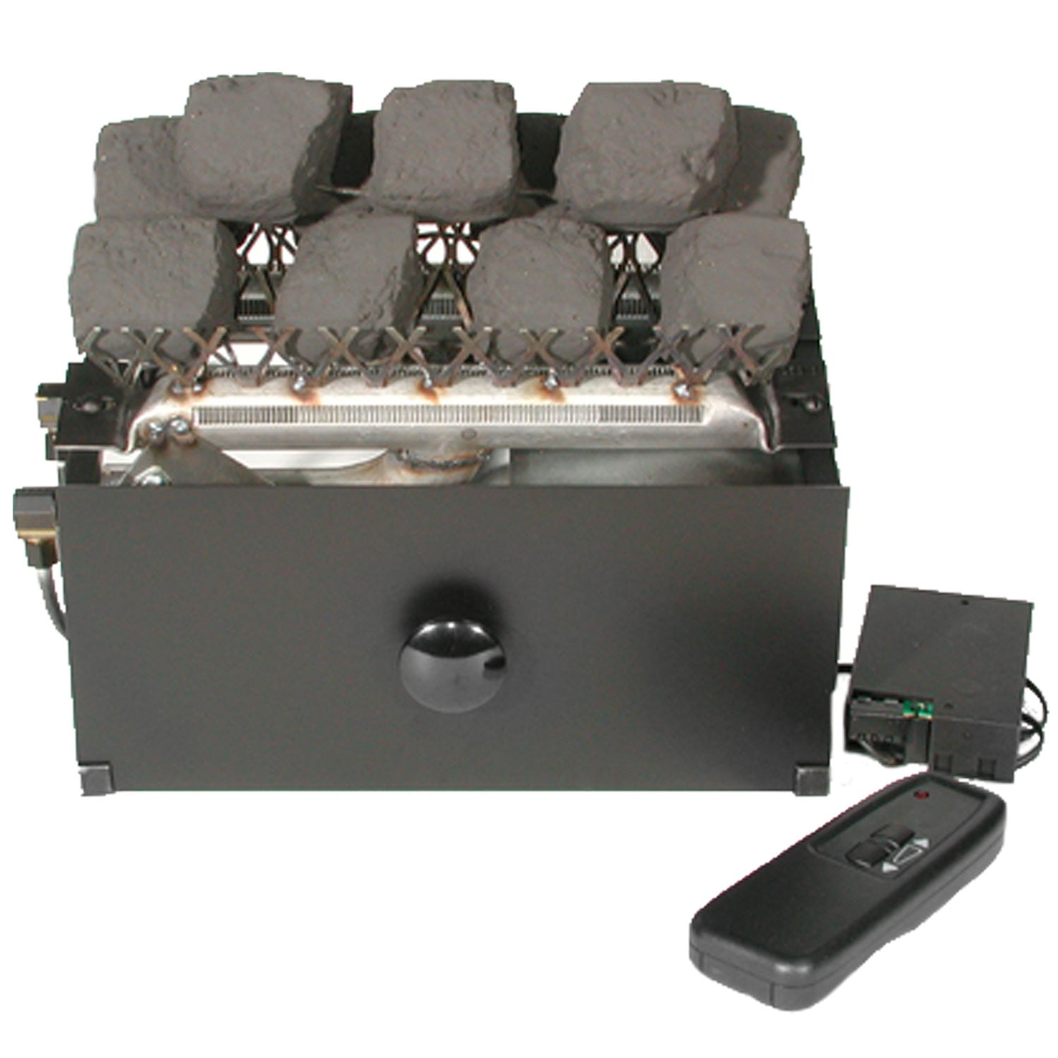 Ventless fireplace burner assembly with coal-look pieces and handheld remote control