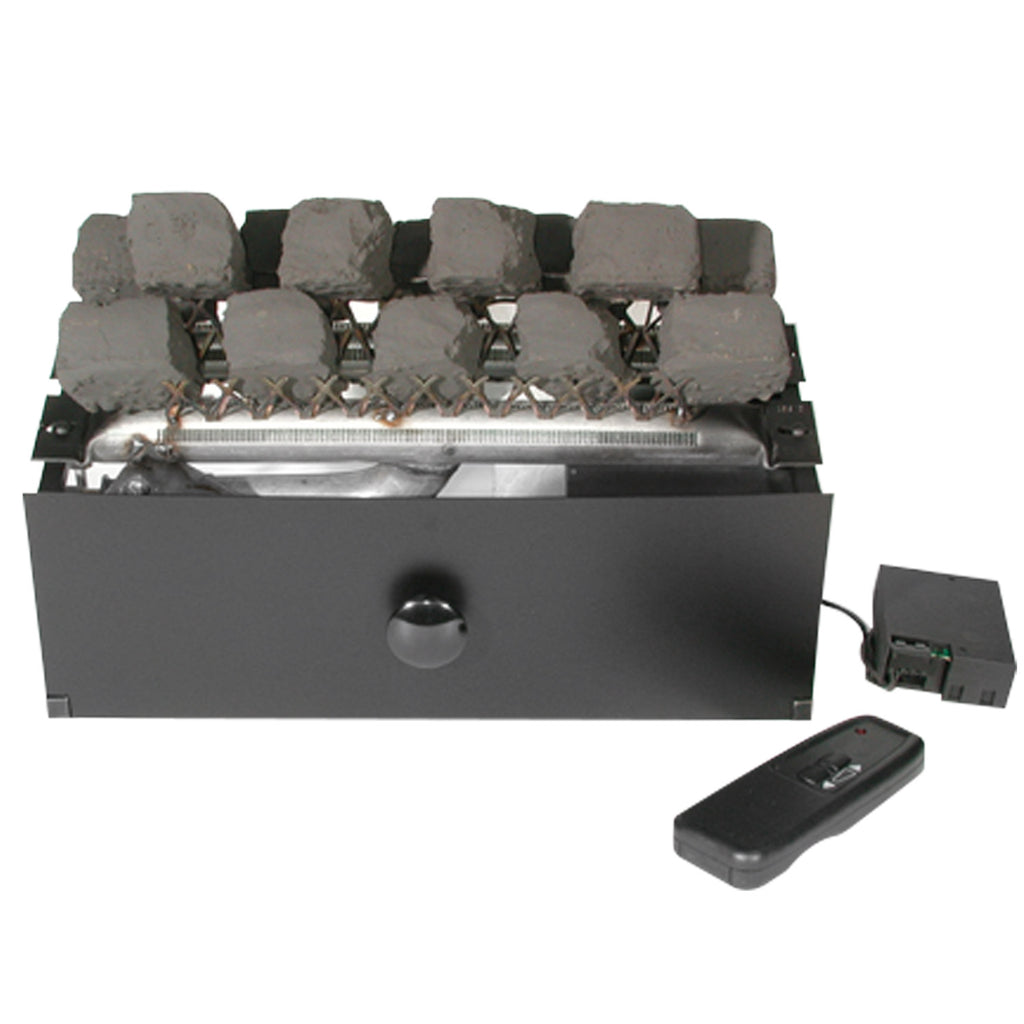 Ventless fireplace burner assembly with gray coals, control box, and remote