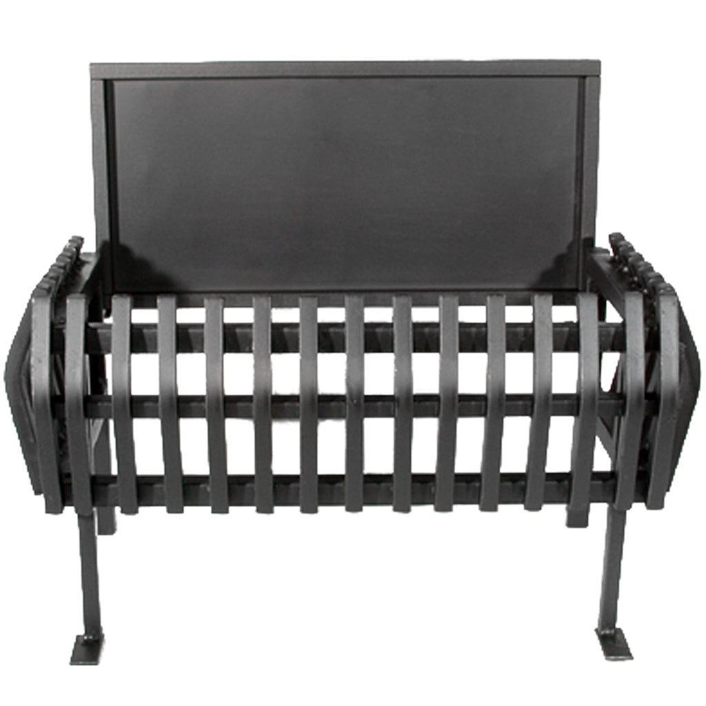All-steel fire basket with dark finish, vertical slat grate and rounded end handles