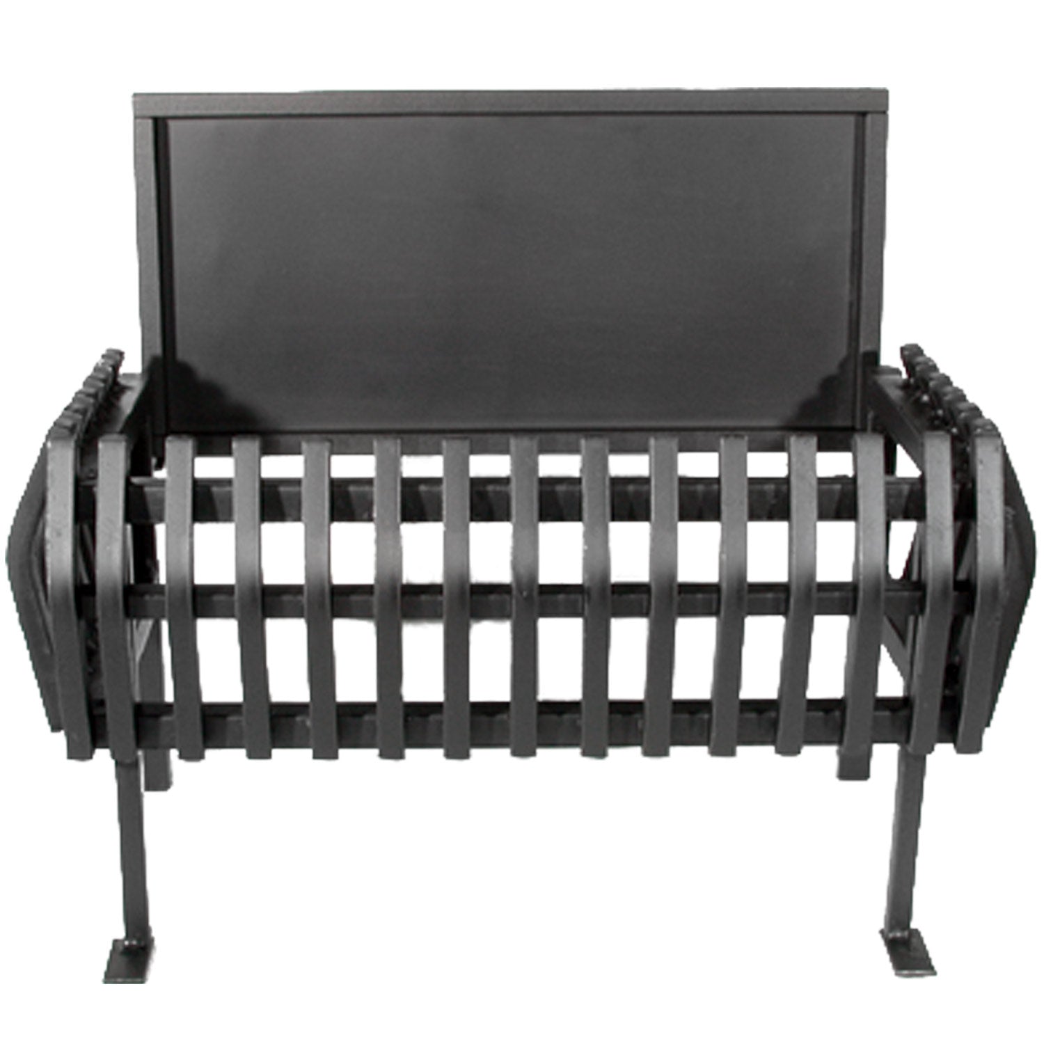 All-steel fire basket with dark finish, vertical slat grate and rounded end handles