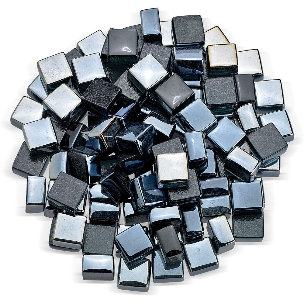 Black luster fire glass cubes, glossy 1/2 inch squares for fire pits