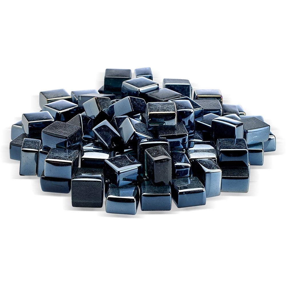 Black luster fire glass cubes, glossy reflective square pieces for fire pit decor