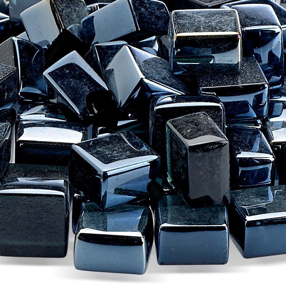 Glossy black luster fire glass cubes, reflective square granules