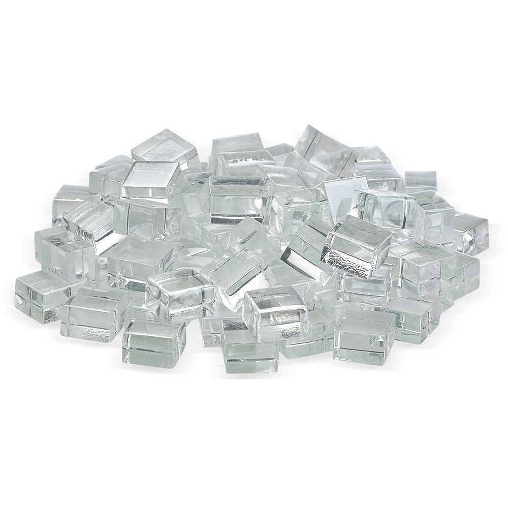 Clear square fire glass cubes, mixed sizes, glossy reflective surface for fire pits