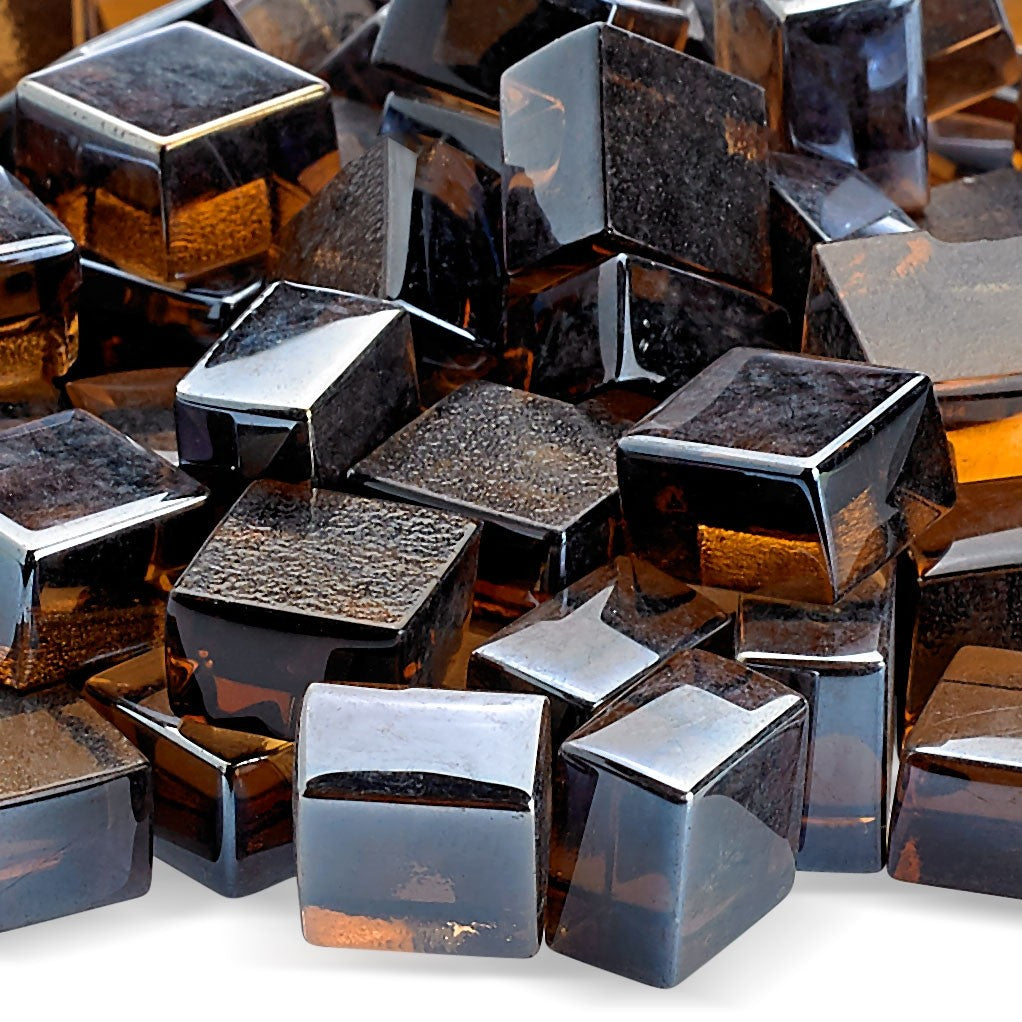 Copper luster fire glass cubes with metallic shine, close-up