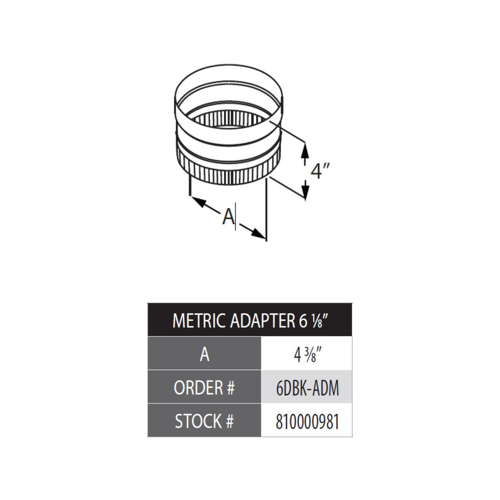 DuraBlack stovetop metric adapter for 6 in pipe, shows A=4 3/8" and order 6DBK-ADM