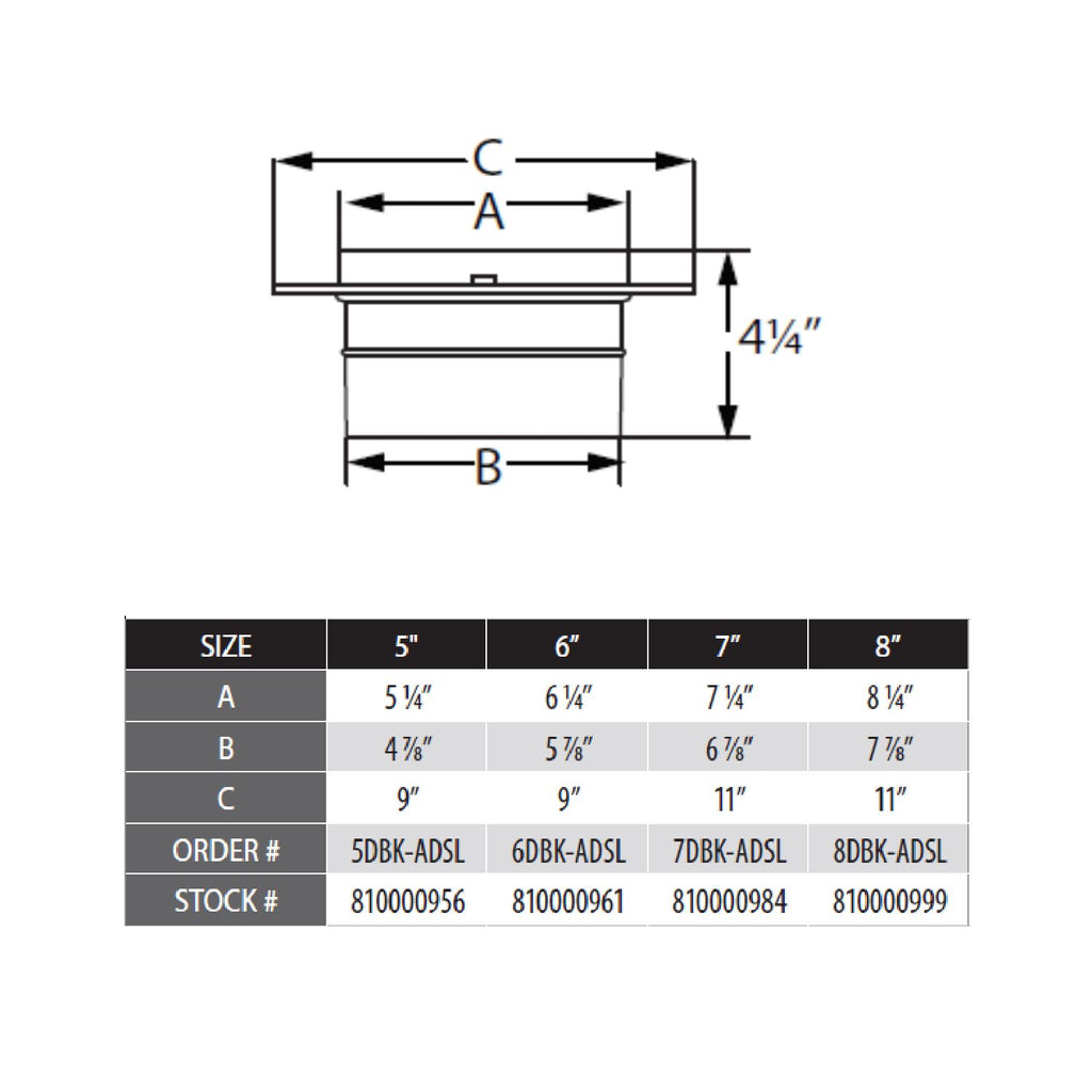 Snap-lock adapter dimensions diagram and size chart for 5–8 inch