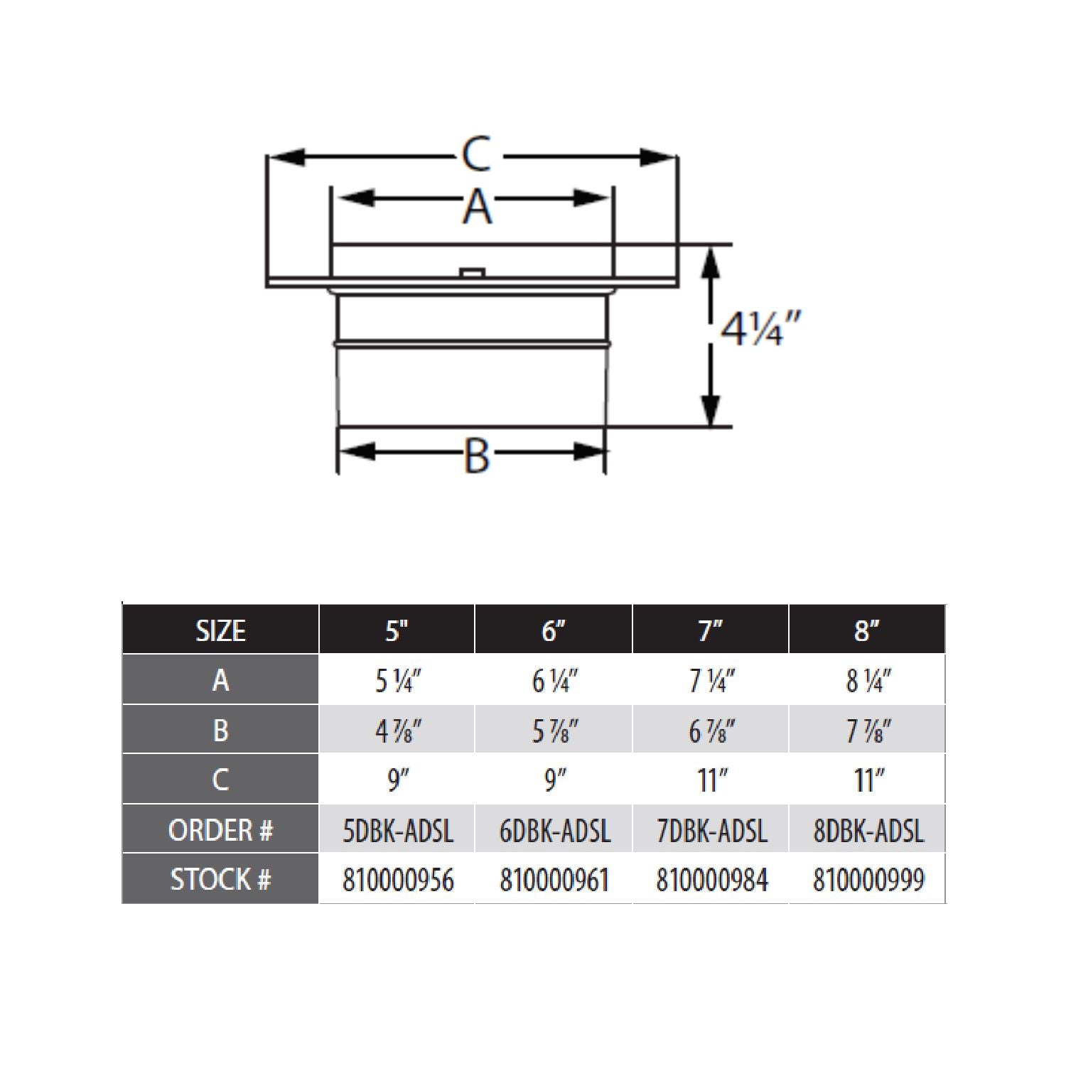 Snap-lock adapter dimensions diagram and size chart for 5–8 inch